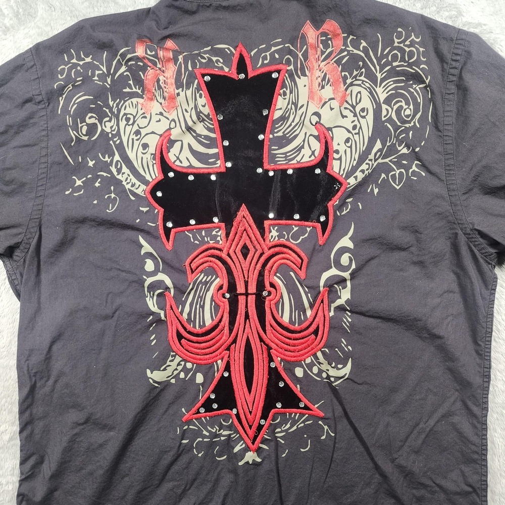 Roar Shirt Mens 2XL Gray Cross Embroidered Y2K Affliction Rockabilly Western